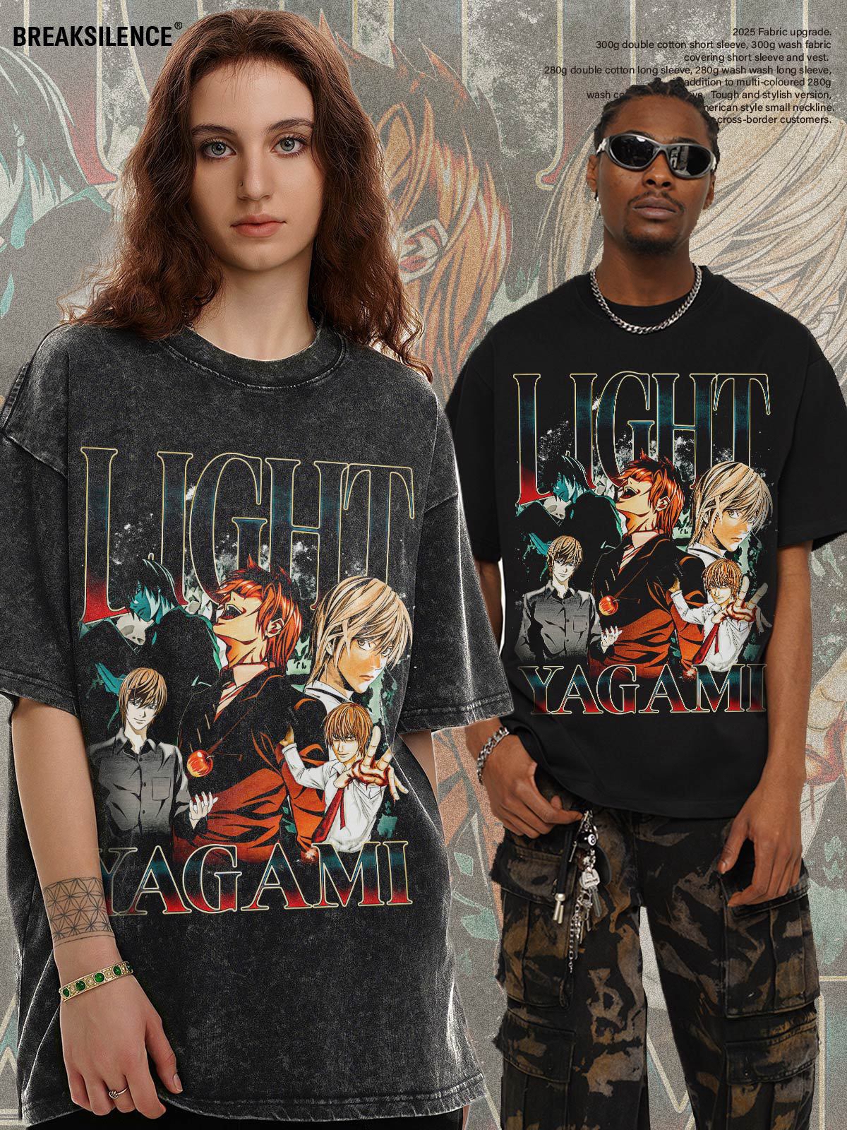 日漫DeathNote印花短袖T恤男女夏季复古水洗做旧300g纯棉宽松半袖