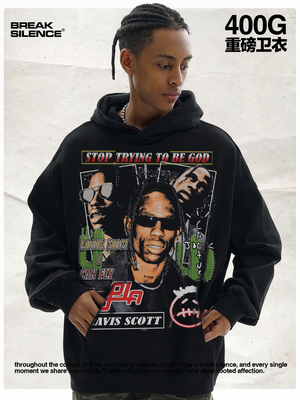travis scott嘻哈说唱人物印花连帽卫衣男女美式复古宽松重磅外套