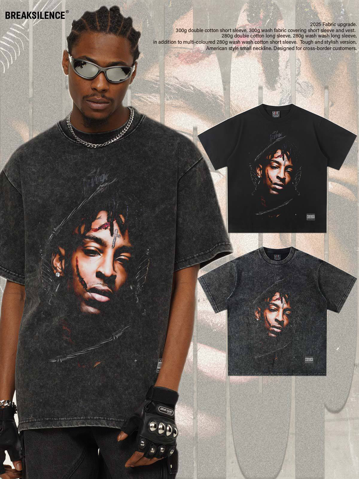 21Savage人物印花短袖T恤男女美式嘻哈hiphop宽松纯棉小领口半袖