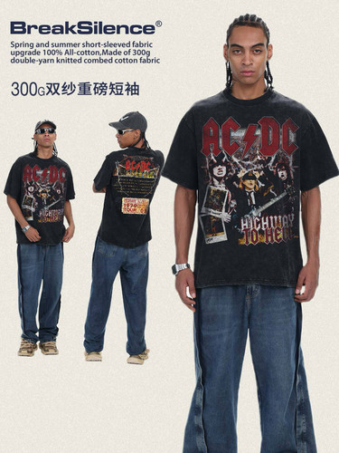 ACDC乐队印花短袖300g纯棉oversize美式vintage摇滚小领口T恤男女