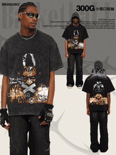 罗德曼人像涂鸦篮球短袖T恤男美式复古水洗做旧宽松重磅纯棉半袖