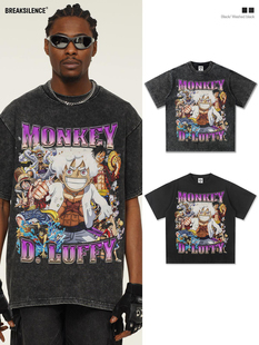 monkey d luffy动漫联名短袖T恤男日系复古水洗宽松纯棉情侣半袖