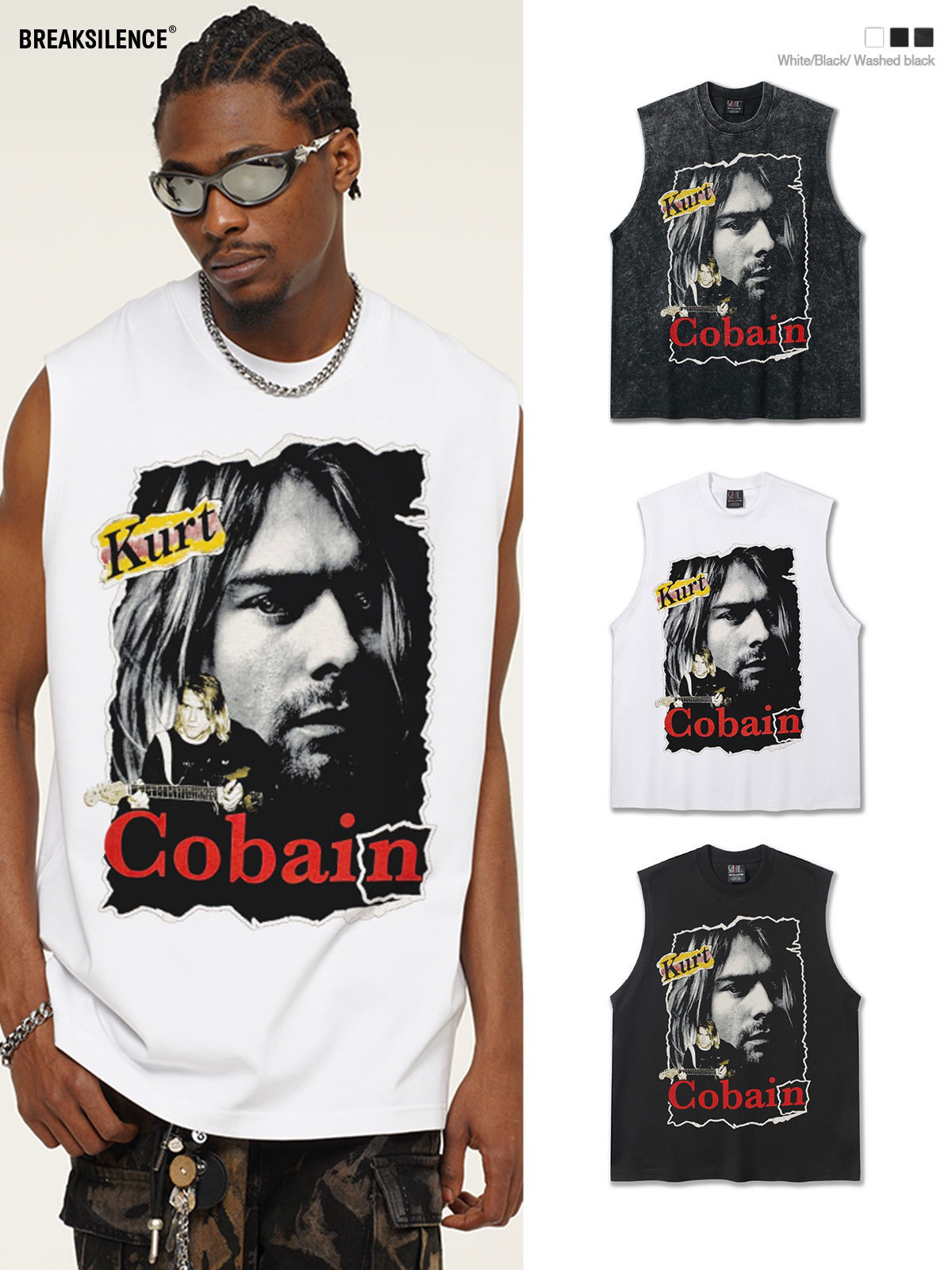 美式摇滚Cobain人物印花坎肩背心t恤印花背心男宽松纯棉无袖上衣