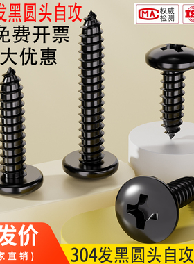 黑色304不锈钢圆头自攻螺丝钉盘头十字木螺钉PA尖尾大头自攻