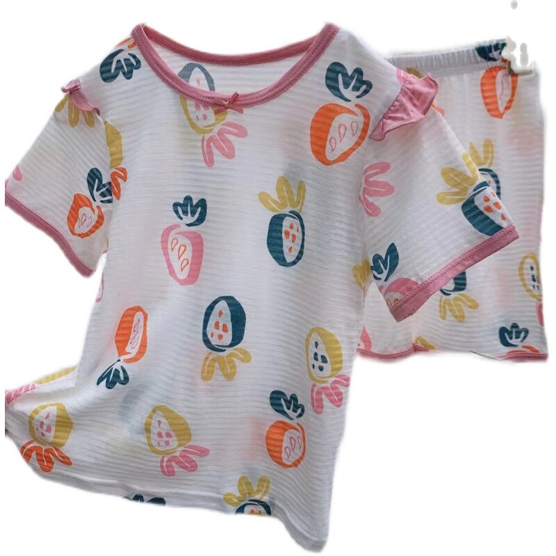 KISKISS CHILDRENS CLOTHES GIRLS MILKSHAKE STRAWBERRY PATTERN GIRLS SHORT SLEEVE COARSE AIR CONDITIONED CLOTHES LOUNGEWEAR SET