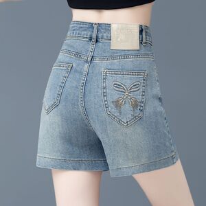 弹力牛仔短裤女夏季薄款四分裤新款高腰显瘦a字阔腿宽松显瘦纽扣