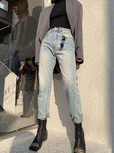 高腰牛仔裤女直筒宽松2022春季新款浅色韩版小个子显瘦九分修身