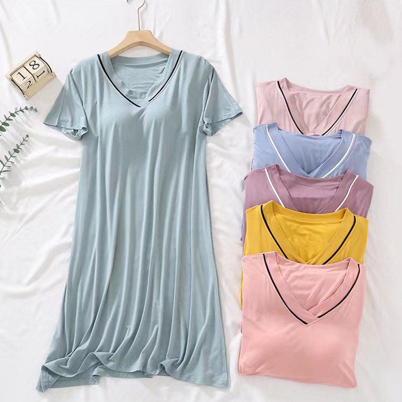 莫代尔睡裙女夏带胸垫薄款短袖连衣裙睡衣简约家居服中长裙宽松图片