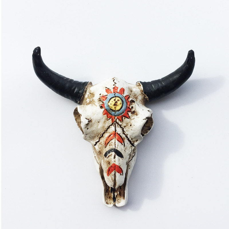 美国印第安土著立体牛头骨旅游纪念装饰工艺品树脂彩绘磁铁冰箱贴