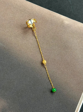花叶金色珠长款耳夹无耳洞细链流苏耳挂黄绿色珠国风汉服耳饰女