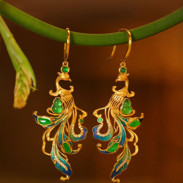 新款新中式耳环女凤凰于飞天然满绿翡翠葫芦珐琅彩国潮古风耳饰坠