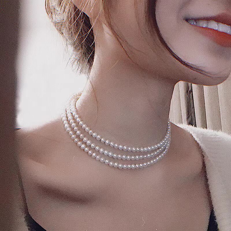 维多利亚宫廷复古优雅三层珍珠项链多层短款强光无瑕百搭气质颈链