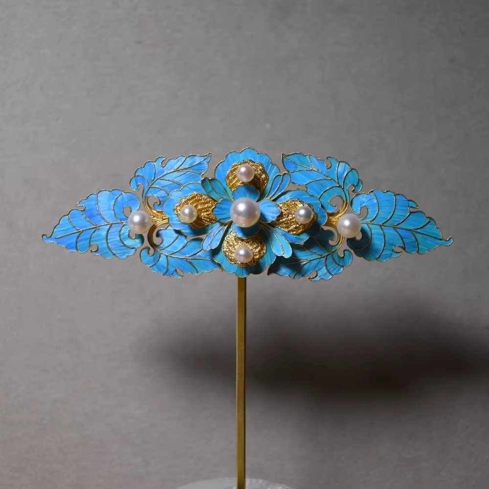 仿点翠烧蓝花丝镶嵌非遗设计缠枝花叶发簪仿珍珠点缀汉服配饰簪子