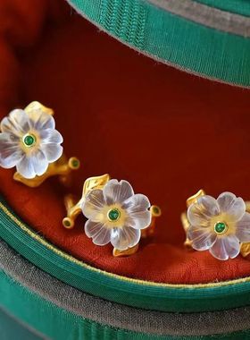 新中式戒指梨花雨凉古法金工艺银鎏镶嵌小清新复古韵莱茵石古风