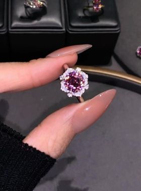 中古浪漫不渝粉紫色玫瑰切戒指轻奢气质小众高颜值食指戒指环饰品