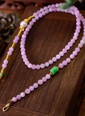 新中式紫锂辉双挂钩项链万用能链辣绿翡翠吊坠挂链仙气紫色毛衣链