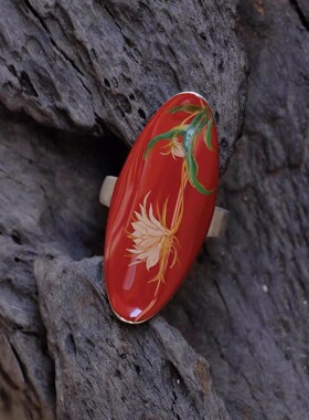 新中式大漆昙花椭圆戒指朱砂色漆器文玩指环非遗小众氛围感配饰女