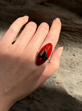 古典红漆飞燕大漆戒指古风仿汉唐文玩漆器指环中式国风精致配饰