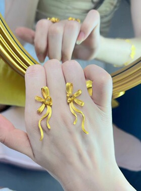 黄金色丝带爱心黄水晶耳钉女
