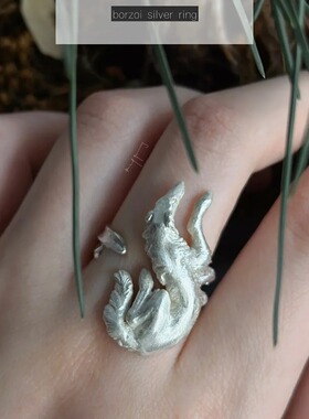 中古风猎犬立体浮雕银色戒可调节设计小众酷感个性动物配饰戒指