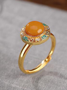 景泰蓝蜜蜡戒指女如意镂空花纹黄琥珀开口指环复古民族风时尚气质