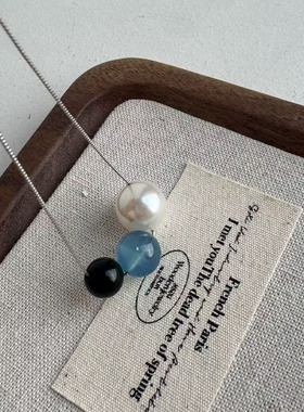 新中式海蓝宝色项链仿黑曜石吊坠女锁骨链转运珠复古蓝色饰品礼物