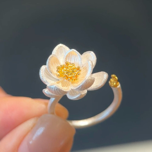 花开见花莲花戒指银色禅意可调节食指指环国风优雅气质可调节小众
