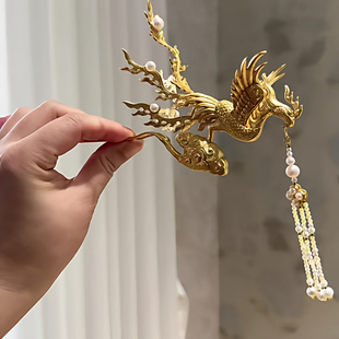 【有凤来仪】新中式鎏金色凤凰珍珠流苏发簪国风华贵步摇汉服配饰