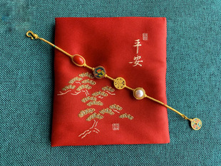 优选古法烧蓝金色红宝石仿珍珠包金紫气东来花丝串珠金圈手链时尚