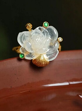 国风金色仿玉莲花戒指立体莲花绿色石指环新中式轻奢古风旗袍女戒