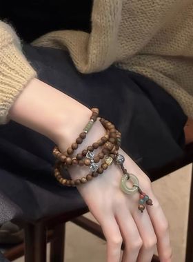 幂幂同款奇楠沉香圆珠青玉竹节弹力四圈手串女新中式高级感饰品