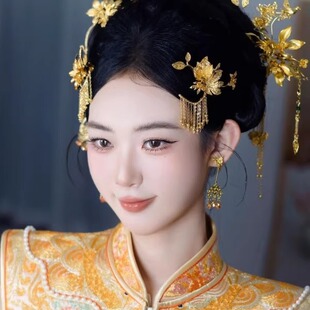 新中式黄金色花朵流苏发簪发钗龙凤褂秀禾服国风婚礼手工百搭头饰