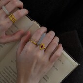 新中式 18k金色复古红彩宝仿南红指环精致小众高级感国风开口戒指