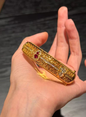 新中式宫廷花丝黄金色葫芦手镯镶红宝石镂空雕花手环国风富贵配饰