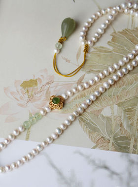 新中式仿母贝珍珠项链毛衣链吊坠绳挂绳全珠链蜜蜡玉牌玉坠项链绳