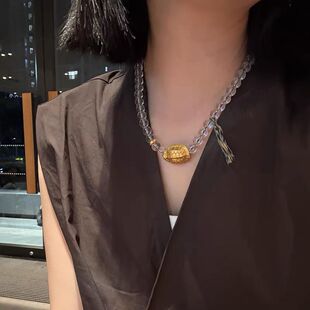 新中式仿白水晶富甲一方项链新款古法金吊坠小众设计高级感锁骨链