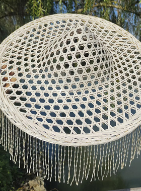 浔山行帽子镂空斗笠舞蹈竹帽白色走秀演出装饰彩色帽吊珠流苏斗笠