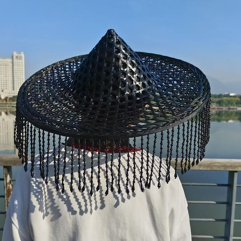 竹编斗笠帽串珠帽成人表演道具舞蹈帽道具缕空民族舞黑色流苏帽子