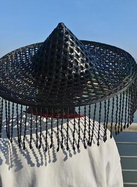 竹编斗笠帽串珠帽成人表演道具舞蹈帽道具缕空民族舞黑色流苏帽子