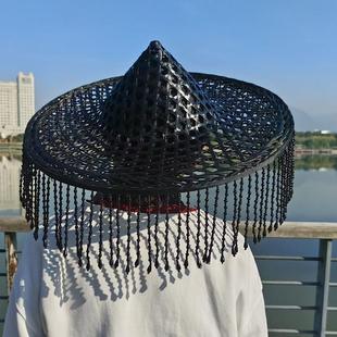 竹编斗笠帽串珠帽成人表演道具舞蹈帽道具缕空民族舞黑色流苏帽子