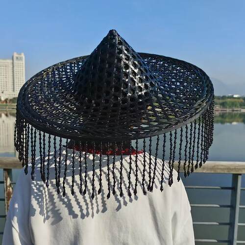 竹编斗笠帽串珠帽成人表演道具舞蹈帽道具缕空民族舞黑色流苏帽子