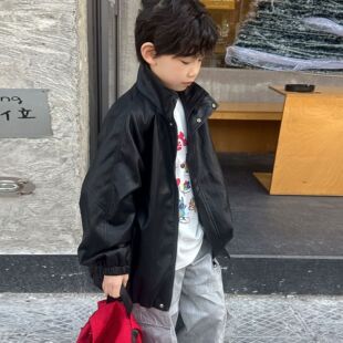 2026春秋新款 潮 儿童皮衣外套男童机车服夹克上衣百搭休闲织里童装