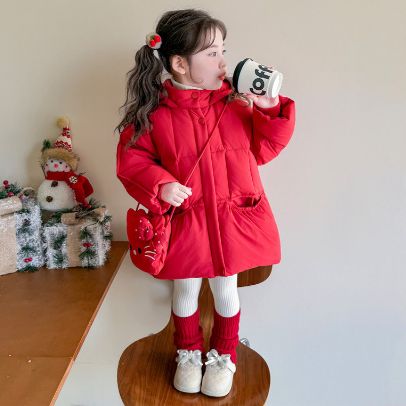 女童羽绒服红色中长款儿童拜年服2025新款洋气宝宝轻薄外套百搭潮