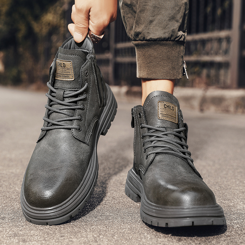 高帮皮鞋工装加绒短靴子侧拉链