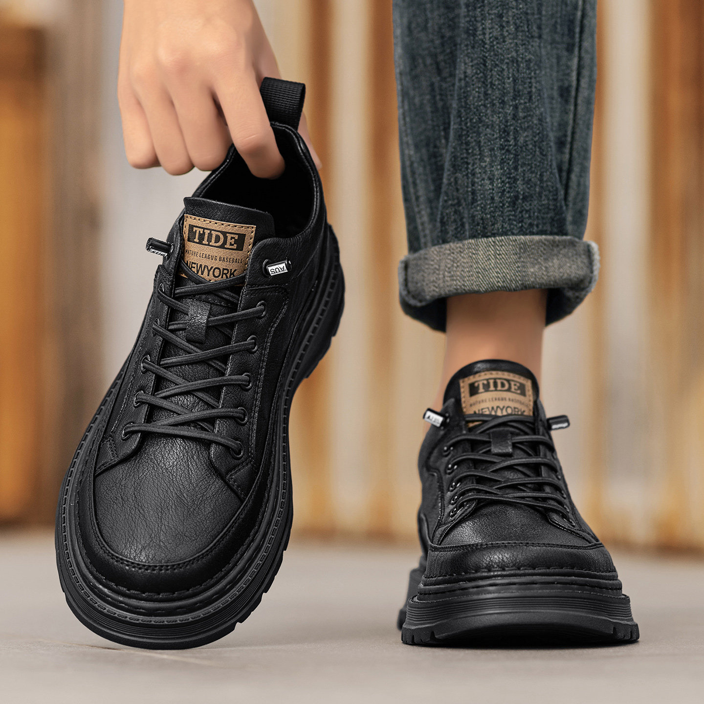 秋冬鞋子男士工装鞋工作通勤休闲皮鞋冬季加绒马丁靴英伦男鞋黑色