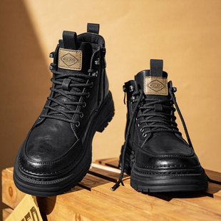 男鞋冬季高帮真皮工装休闲皮鞋男士高级感厚底增高黑色男款马丁靴