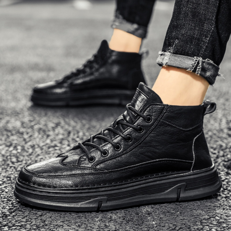 布洛克男鞋秋季英伦风男士高帮皮鞋中帮短靴子冬季加绒马丁靴男款