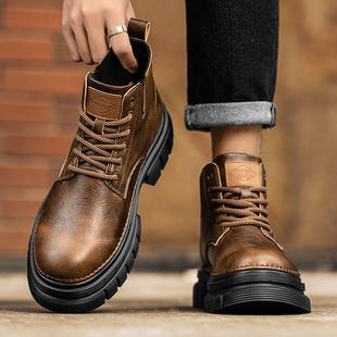 秋冬季马丁靴男款英伦风复古真皮高帮皮鞋厚底男士加绒工装短靴子