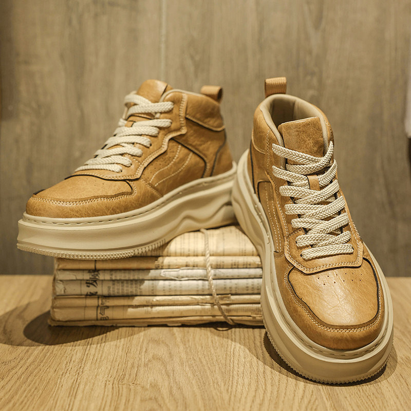 男鞋秋冬款内增高鞋子男加绒高帮鞋男款韩版潮流软底中帮板鞋冬季