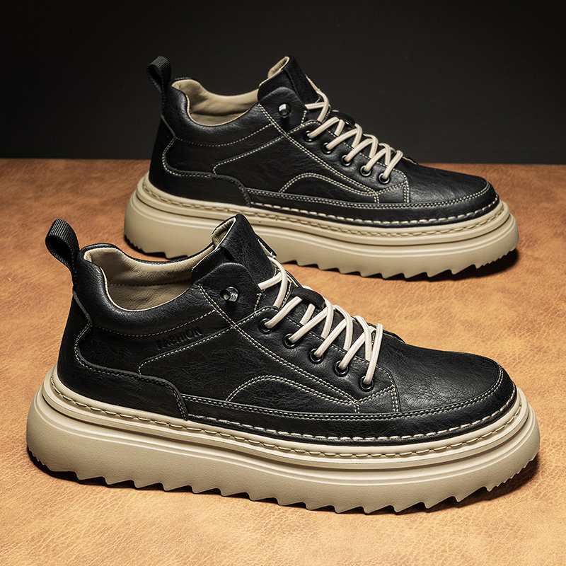 中帮男鞋秋冬款皮鞋男款年轻人英伦风休闲风痞帅免系鞋带厚底板鞋